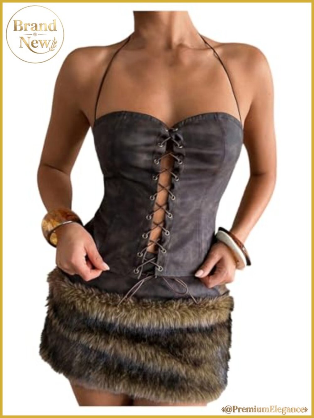 Verdusa Women's Leather Lace Up Halter Top Corset Bustier Rave Outfit